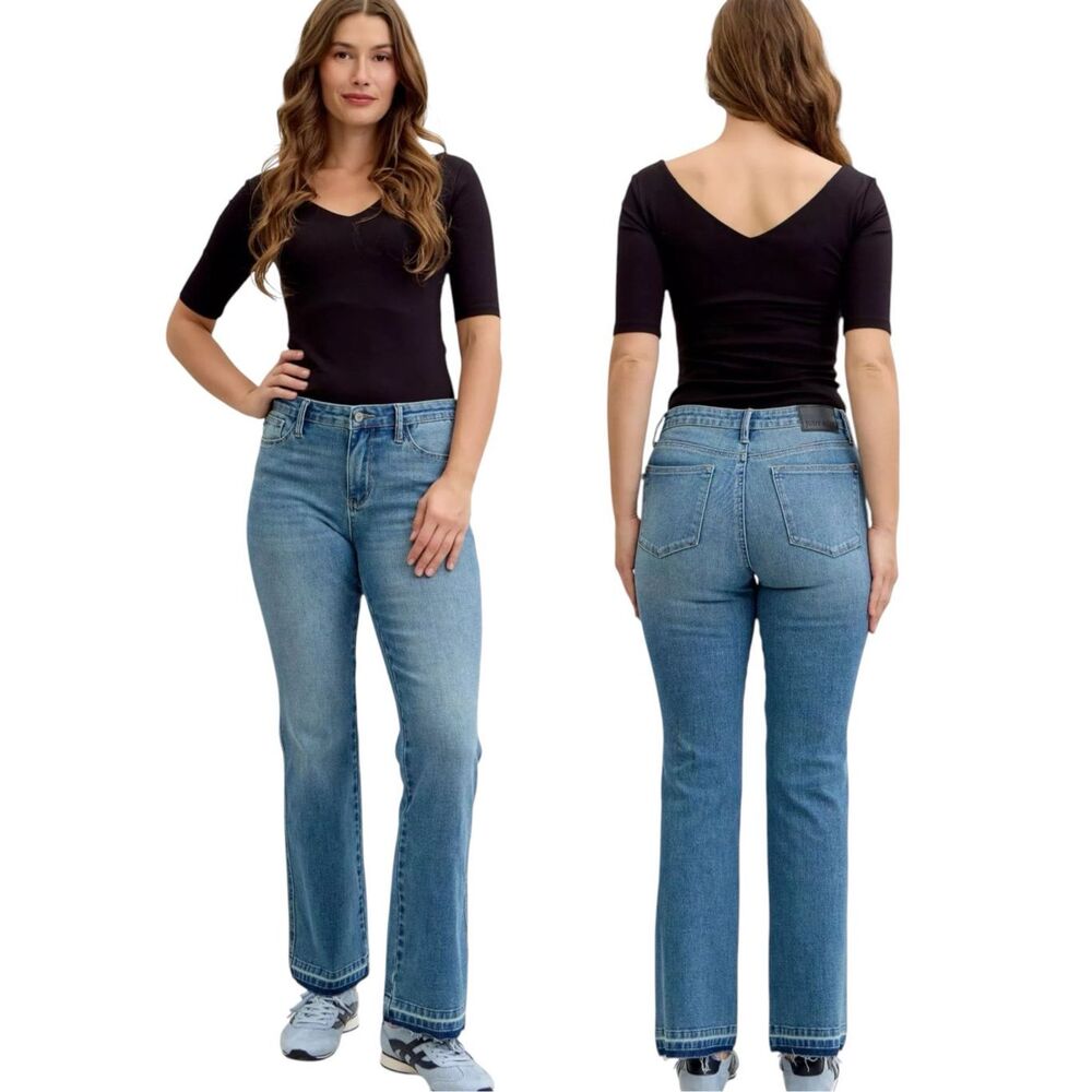 Judy Blue Mid Rise Bootcut Jeans Tummy Control Stretch Denim Raw Hem NWT